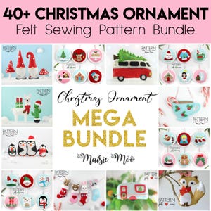 May include: A selection of felt Christmas ornament sewing patterns. The image showcases diverse ornaments, such as gnomes, a red VW bus, penguins, and a fox. The text on the image reads "40+ CHRISTMAS ORNAMENT Felt Sewing Pattern Bundle".