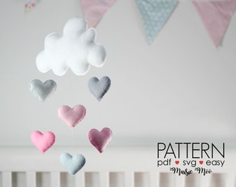 Cloud Baby Mobile Pattern, Valentines Felt Pattern, DIY Mobile Pattern, Felt Sewing Pattern Cloud Nursery