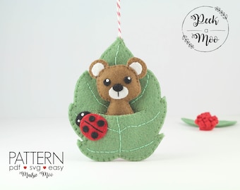 Felt Bear Pattern DIY Bear Lovers Gift Felt Bear Pattern Pocket Leaf Pattern Bear Ornament Leaf Ornament Pattern Bear Felt Pattern