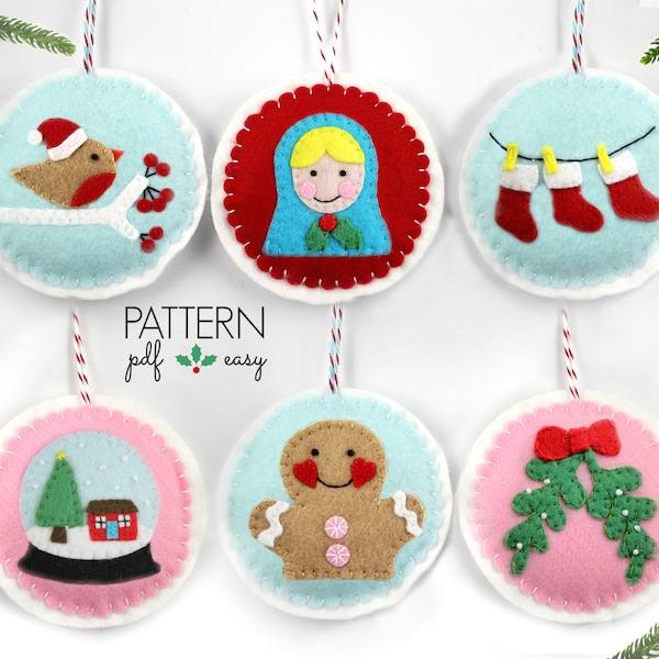 Felt Christmas Ornaments Pattern Set | Felt Ornaments | Snow Globe | Russian Doll | Gingerbread Man | Red Robin | Mistletoe | Santas Washing