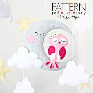 Owl Moon Baby Mobile Pattern, Felt Pattern, Owl Mobile, DIY Mobile Felt Sewing Pattern Moon Nursery Mobile Felt Mobile Cricut Sewing Pattern