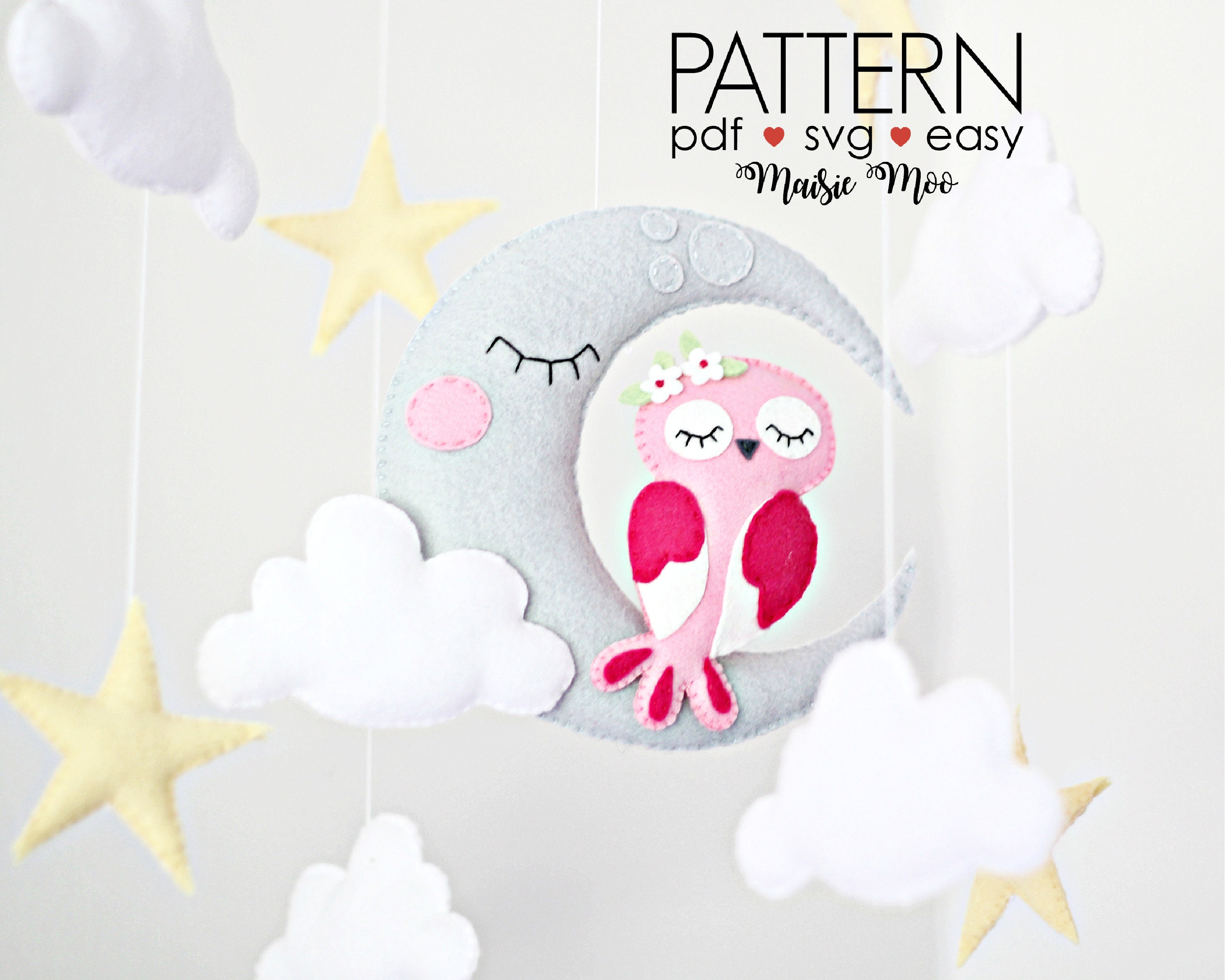 Owl Moon Baby Mobile Felt Sewing Pattern, PDF & SVG