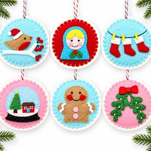 Modelli per decorazioni natalizie in feltro: palla di neve, pettirosso e omino di pan di zenzero, set da 6