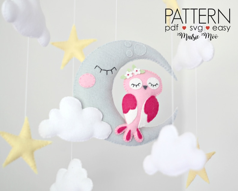 Owl Moon Baby Mobile Pattern, Felt Pattern, Owl Mobile, DIY Mobile Felt Sewing Pattern Moon Nursery Mobile Felt Mobile Cricut Sewing Pattern
