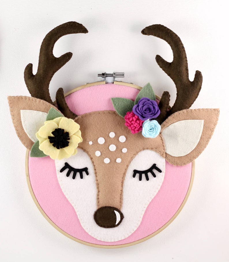 Woodland Nursery Wall Art Hoop Art Pattern Felt Deer Head Felt Etsy