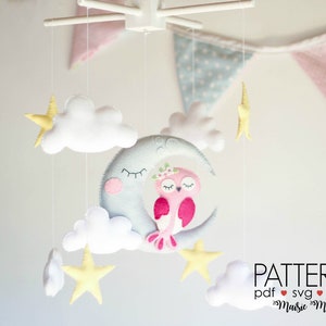 Owl Moon Baby Mobile Pattern, Felt Pattern, Owl Mobile, DIY Mobile Felt Sewing Pattern Moon Nursery Mobile Felt Mobile Cricut Sewing Pattern