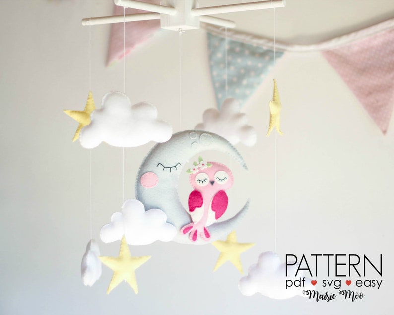 Owl Moon Baby Mobile Pattern, Felt Pattern, Owl Mobile, DIY Mobile Felt Sewing Pattern Moon Nursery Mobile Felt Mobile Cricut Sewing Pattern