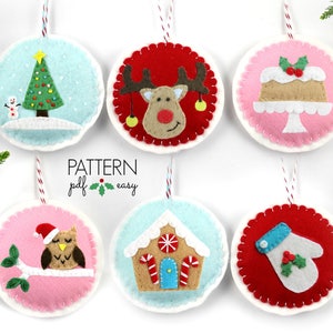 May include: Six felt Christmas ornaments with different designs: a Christmas tree, a reindeer, a cake, an owl, a gingerbread house, and a mitten. The ornaments are all round and have a white border. The text "PATTERN pdf easy" is printed below the ornaments.