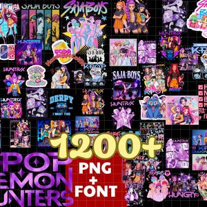 Puede incluir: Una colección de gráficos PNG y fuentes de K-Pop Demon Hunters. La imagen presenta varias ilustraciones de personajes de estilo anime, texto y logotipos, con una paleta de colores vibrantes. El texto incluye "1200+ PNG + FONT".