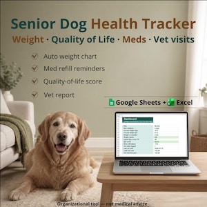 Può includere: Un modello digitale di monitoraggio della salute per cani anziani per Google Sheets ed Excel. L'interfaccia mostra una dashboard con campi per peso, qualità della vita, farmaci e visite veterinarie. Include il testo Senior Dog Health Tracker.