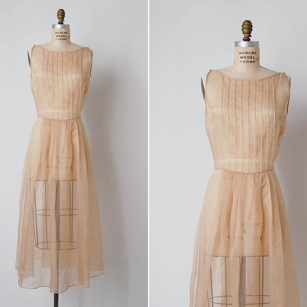 vintage 1950s dress / 50s sheer dress / nude organdy dress / Avignon dress