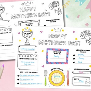 Página para colorear del Día de la Madre, un bonito regalo imprimible para rellenar, una divertida hoja de entrevistas, un regalo DIY para mamá, descarga instantánea.