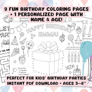 Birthday Coloring Pages for Kids, Personalized Printable Birthday Activity Book, Birthday Kids Party, Instant Download