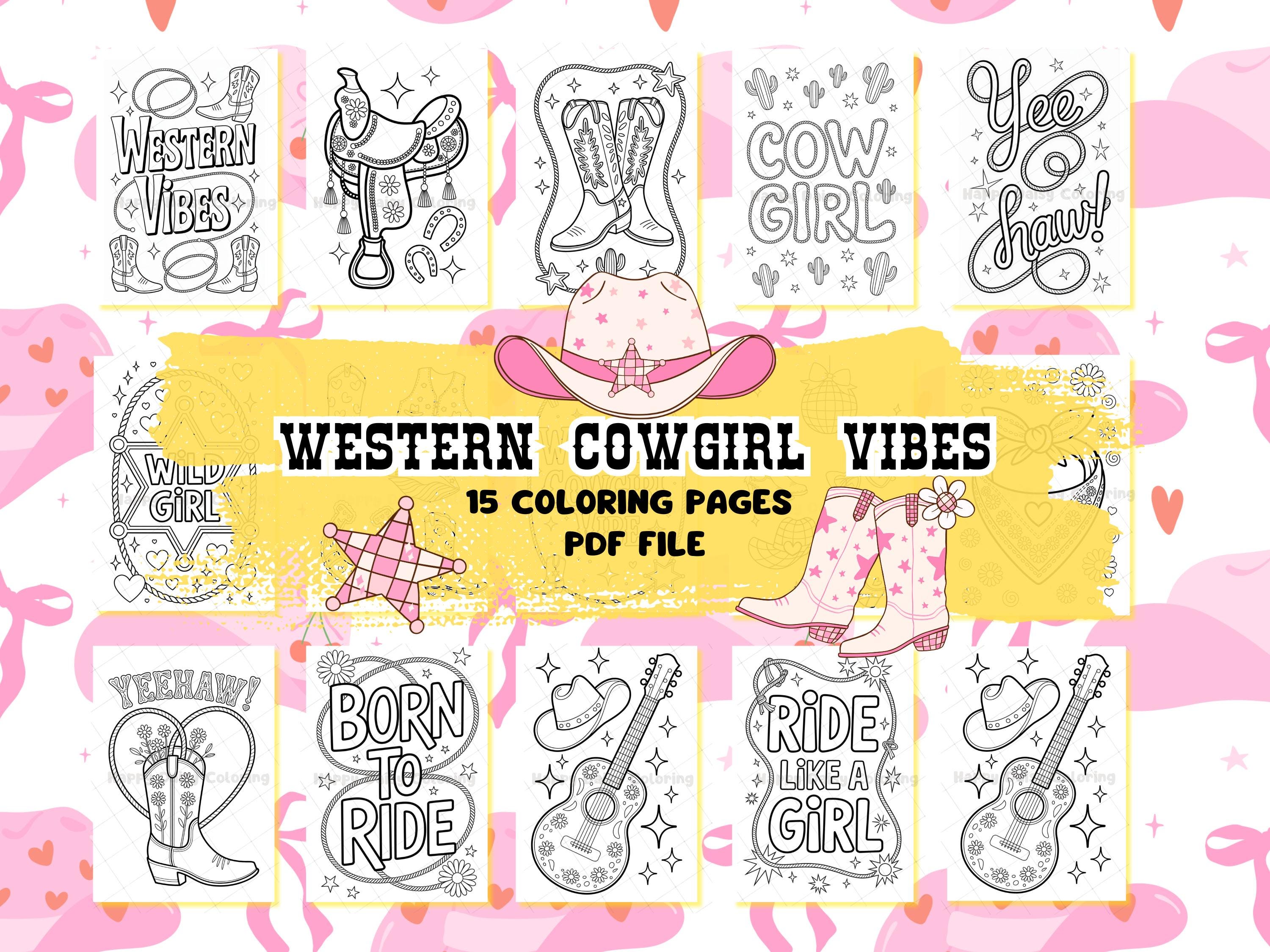 15 páginas para colorear de cowgirl western – PDF lindo, imprimible y compatible con iPad para niños, teens y adultos
