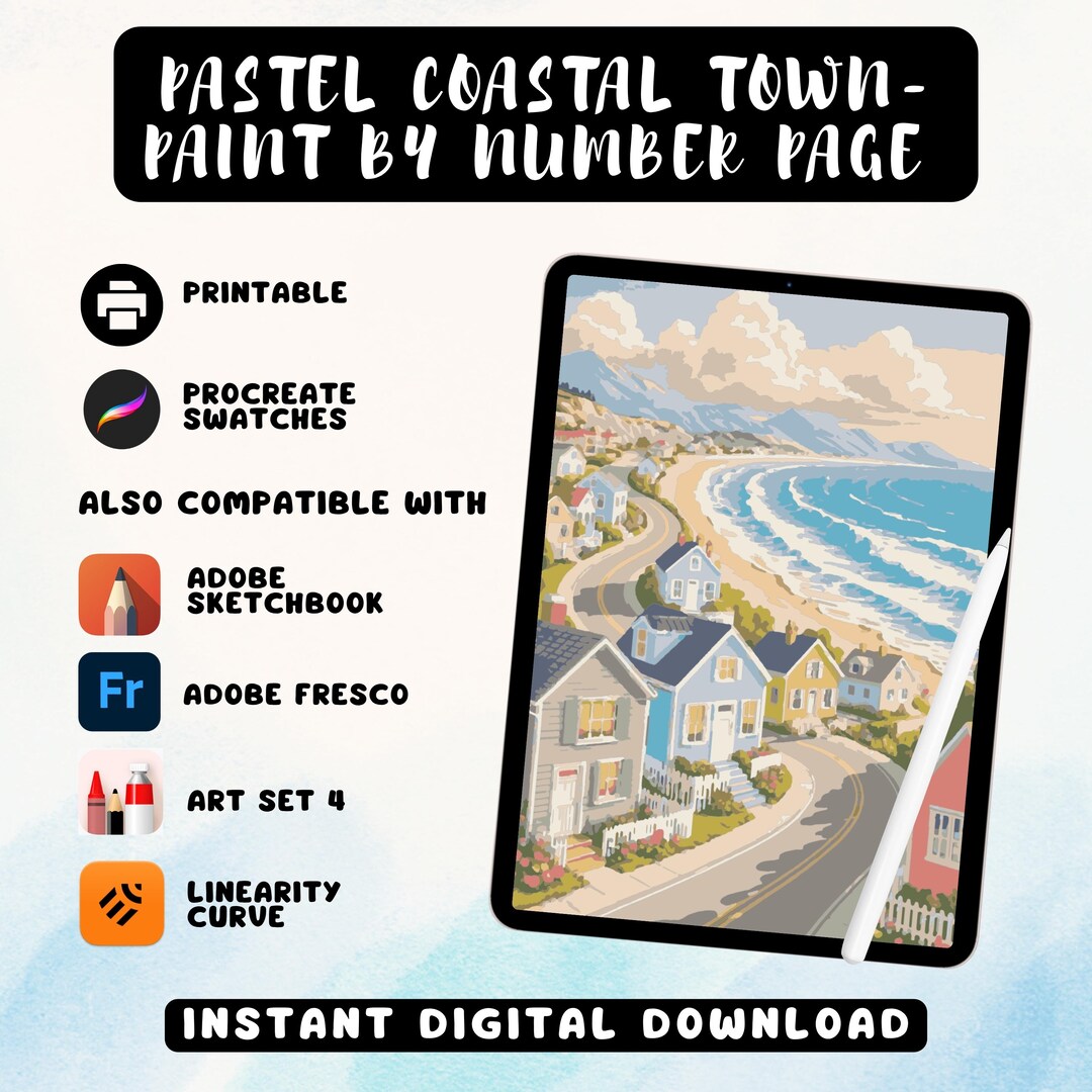 Pastel Coastal Town Paint by Number | Digital Coloring Page for ...