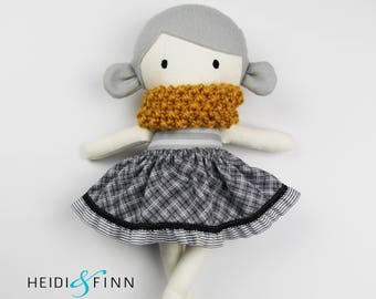 LIMITED EDITION Mini Pals soft rag doll keepsake gift OOAK ready to ship Grey gray mustard
