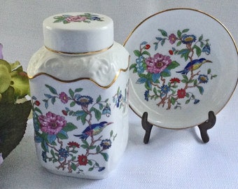 Aynsley "Pembroke" Aynsley Tea Caddy Vanity Jar and Coaster Trinket Dish Aynsley China Aynsley Pembroke Discontinued MINT Floral and Birds