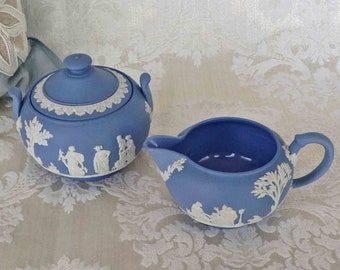 Wedgwood Jasperware Wedgwood Sugar and Creamer Wedgwood Jasperware Pale Blue Sugar Creamer Set MINT Condition Neo-Classic English China