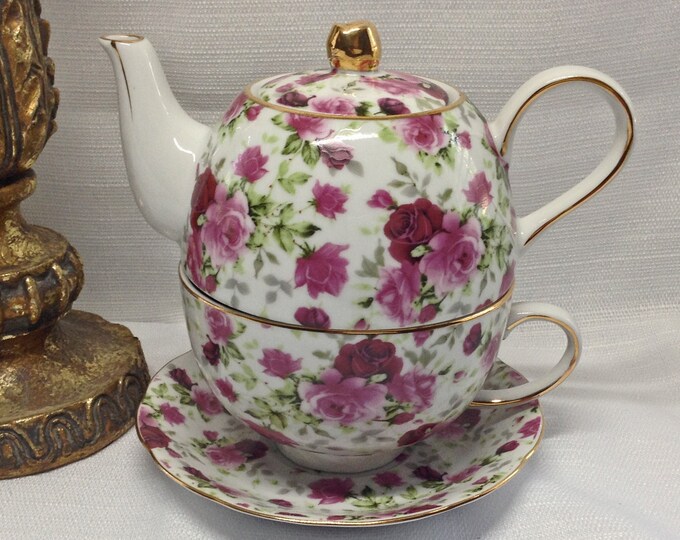 Tea for One Teapot Victoria's Garden 3 Pc Teaforone MINT Red Floral