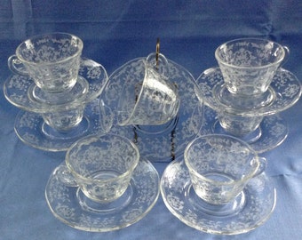 Fostoria Navarre 7 Clear Cups and Saucers Fostoria Depression Glass Discontinued Pattern MINT Condition 7 Etched Fostoria Cups Saucer Sets