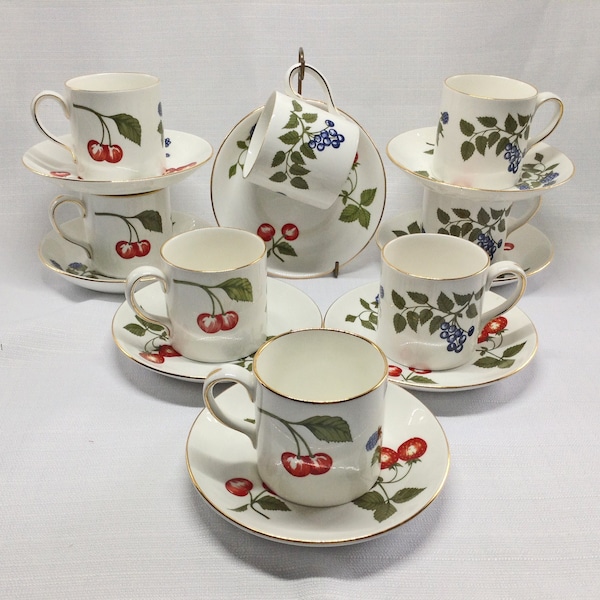 Staffordshire Demitasse Cups 8 Crown Staffordshire  8 Crown Demi Cups Fruit Pattern Demi Sets Tea Party MINT English Bone China