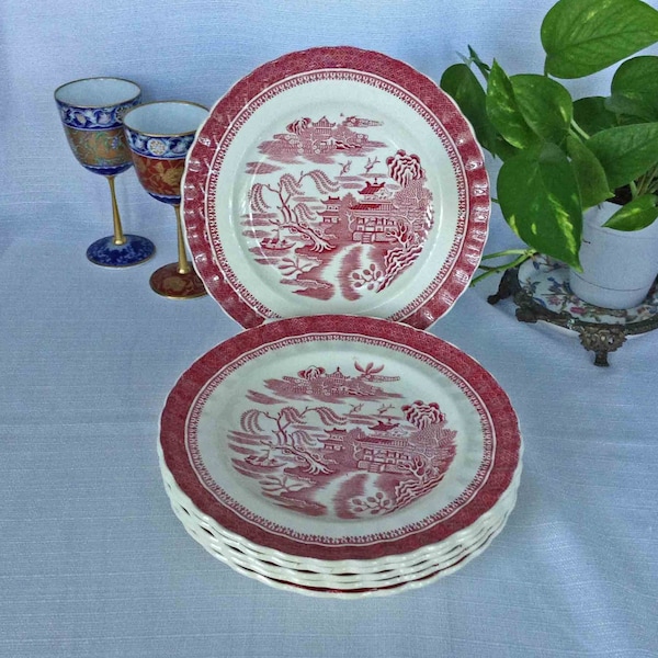 Mandarin by Spode Mandarin Dessert Plates 6 Mandarin Red Pink Salad Transferware Plates by Copeland Spode Oriental Design Red Dessert Plates