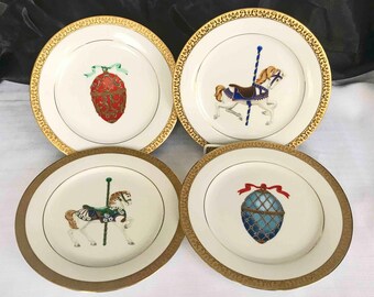 Royal Gallery Gold Buffet Luncheon/ Dessert/Salad Plates 4 Royal Gallery Plates Carousels and Decorated Eggs Made for Federated Stores MINT