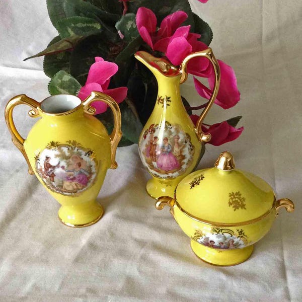 Limoges  Miniature Trio, Mint Condition, Bright Yellow Fragonard Sugar, Creamer and Vase, Limoges Courting Couple Sugar Creamer Vase