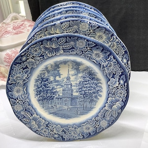 Liberty Blue Dinner Plate: Independence Hall, Staffordshire Transferware, Bicentennial 1976
