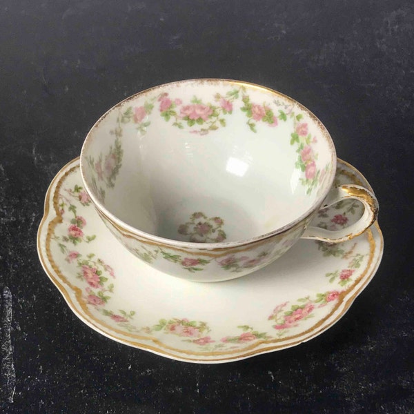 Limoges Cups and Saucer Antique Scalloped Haviland Limoges Pink Rose Swags MINT Condition