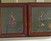 SALE Pair of 75 Year old Framed Needlepoints, Colonial Couple, Original Frames, Needlepoint Wall Decor