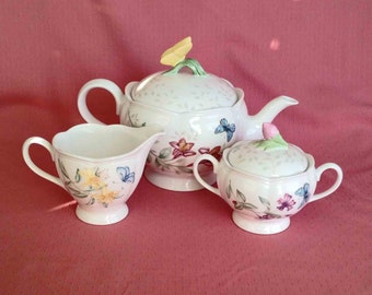 Lenox Teapot Sugar Creamer Lenox Butterfly Meadow Louise De Luyer for Lenox Variety of Flowers with Butterflies and Lady Bugs