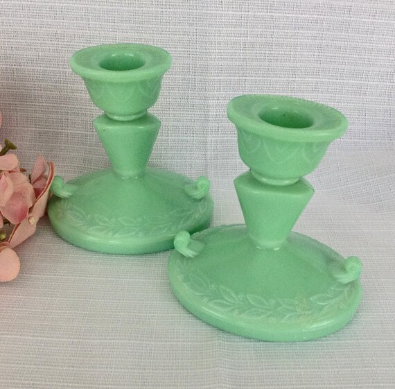 Jadeite Candle Holders Pair Kckee laurel Jadeite Etsy