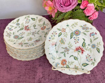 Andrea by Sadek "Buckingham" Dessert Plates, 8 Multi Floral Scalloped Embossed Gold Trim, MINT