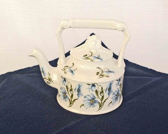 Arthur Wood 6098 Arthur Wood Tea For Two Kettle Shape Tea Pot Blue Floral on White Pattern Collectors Teapot MINT