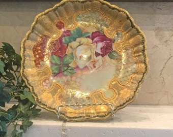 Gold Beaded Roses Plate: 12" Hollywood Regency Cabinet Display