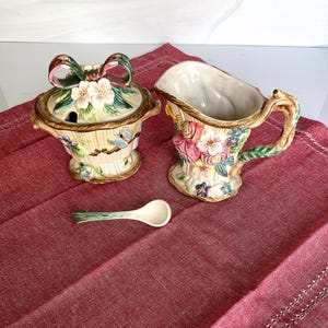 Fitz and Floyd Sugar Creamer, Woodland Spring by Fitz and Floyd Classics, Embossed Flowers Ribbon, Matching Sugar Spoon, MINT, Free Shipping