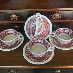 Spode Teacups Saucers, 4 Spode PINK TOWER Teacups, Copeland Spode Pink Tower, Pink Transferware, Dishwasher Micro Safe, MINT,  Mother's Day