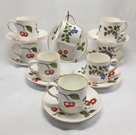 Staffordshire Demitasse Cups 8 Crown Staffordshire 8 Crown Demi Cups Fruit  Pattern Demi Sets Tea Party MINT English Bone China 