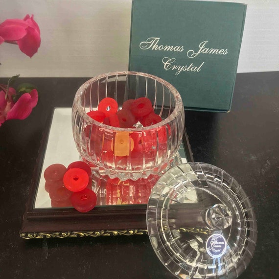 Thomas James Crystal Trinket Box, Hand Blown Lead Crystal Candy Dish, MINT