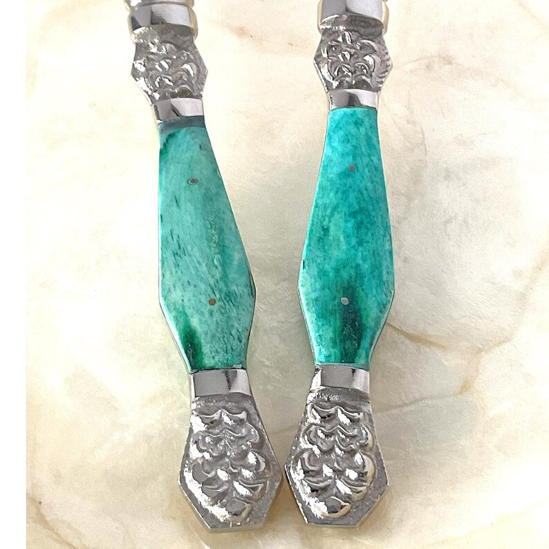 Salad Server Set, Anthropologie Neve Used Stainless and Aqua Set image 3