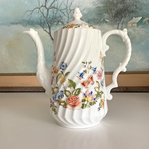 Aynsley Cottage Garden Swirl Coffee Pot, Flowers and Butterfly, VTG Bone China, MINT