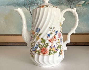 Aynsley Cottage Garden Swirl Coffee Pot, Flowers and Butterfly, VTG Bone China, MINT
