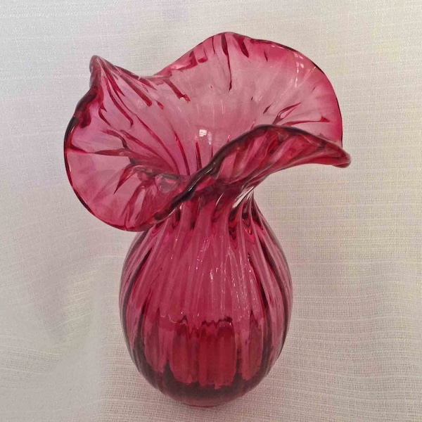 Fenton Cranberry Crimped Vase Fenton 8.5 inch Art Glass Vase Cranberry Art Glass Ruffled Edged Vase