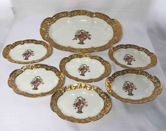 Schonwald Bavarian Porcelain Serving Set: 22K Gold Reticulated Edge, Floral Basket
