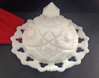 Covered Butter Dish Kample Milk Glass Covered Butter Cheese Dish Kemple "Hobstar and Fan", MINT Condition Made in USA Shabby Country Chic