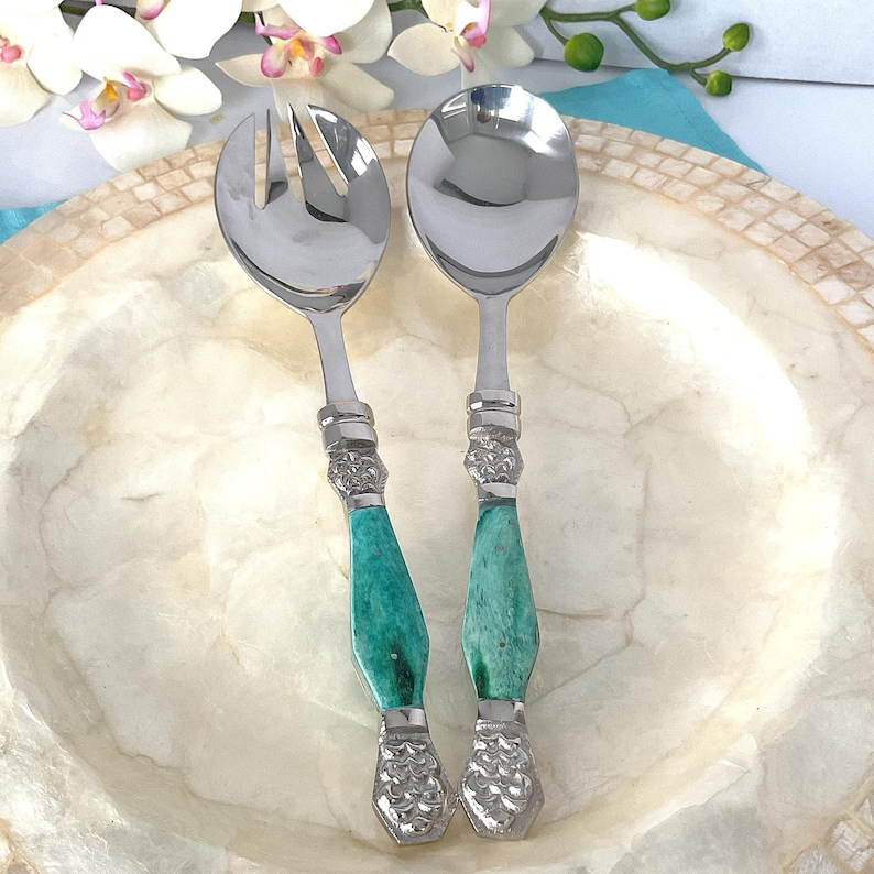 Salad Server Set, Anthropologie Neve Used Stainless and Aqua Set image 1