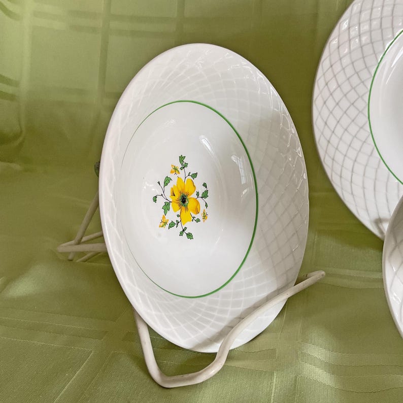 May include: White ceramic bowl with a green rim and a yellow flower design. The bowl has a woven pattern on the outside.