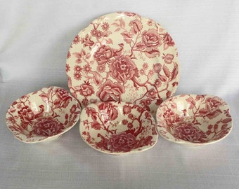 JOHNSON BROTHERS English Chippendale 3 Dessert Fruit Sauce Bowls, 1 Dinner Plate 4 Pc Johnson Bros English Chippendale Red Pink Transferware