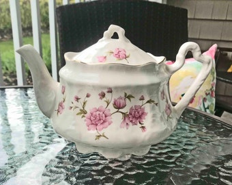 Wood and Sons Teapot Pink Floral Arthur Wood and Sons Teapot 7 hole tea leaf strainer Staffordshire Porcelain MINT Condition